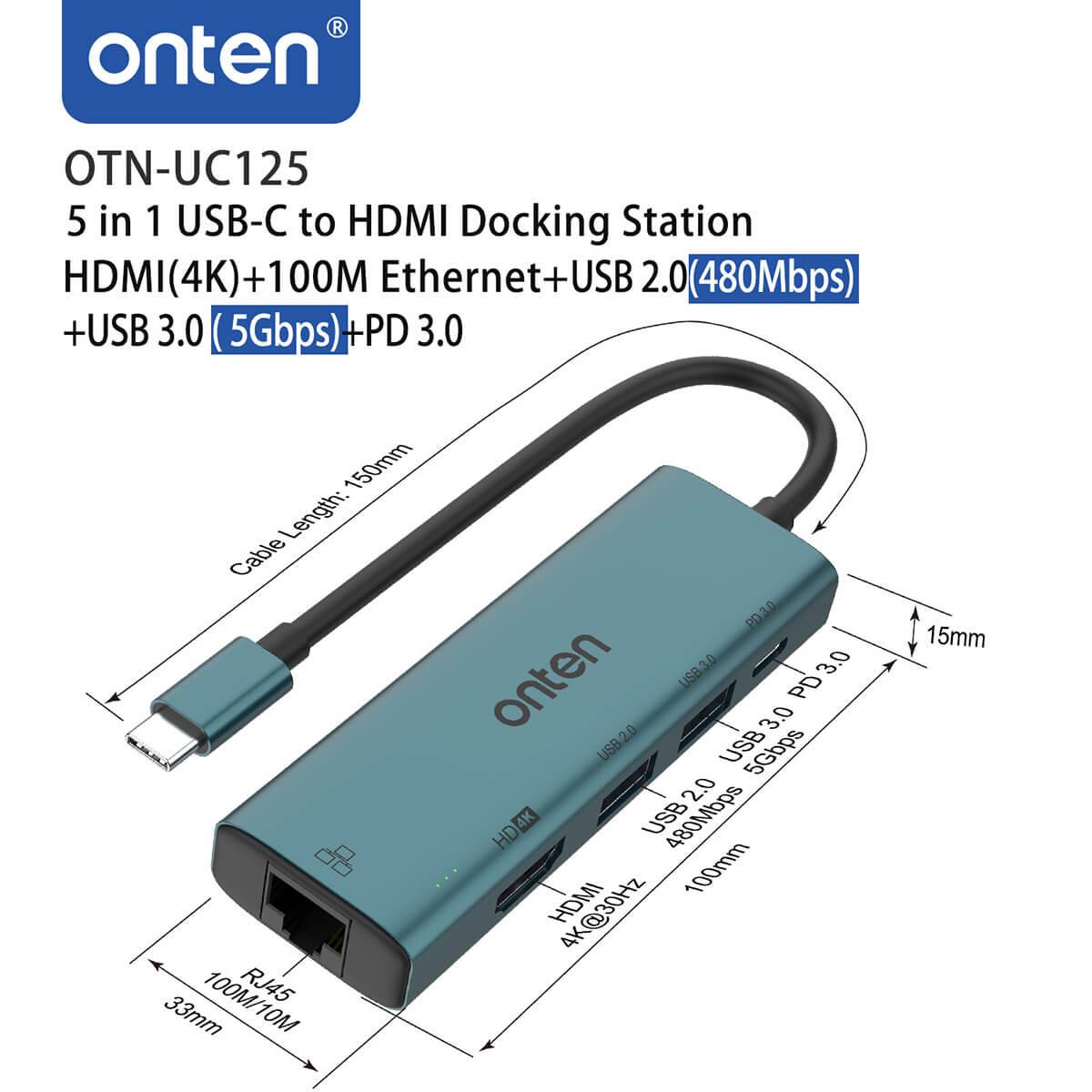 Onten UC125 5 in 1 USB-C to HDMI Docking Station with labeled dimensions and port specifications, including HDMI 4K, USB 3.0, USB 2.0, Ethernet, and PD 3.0.